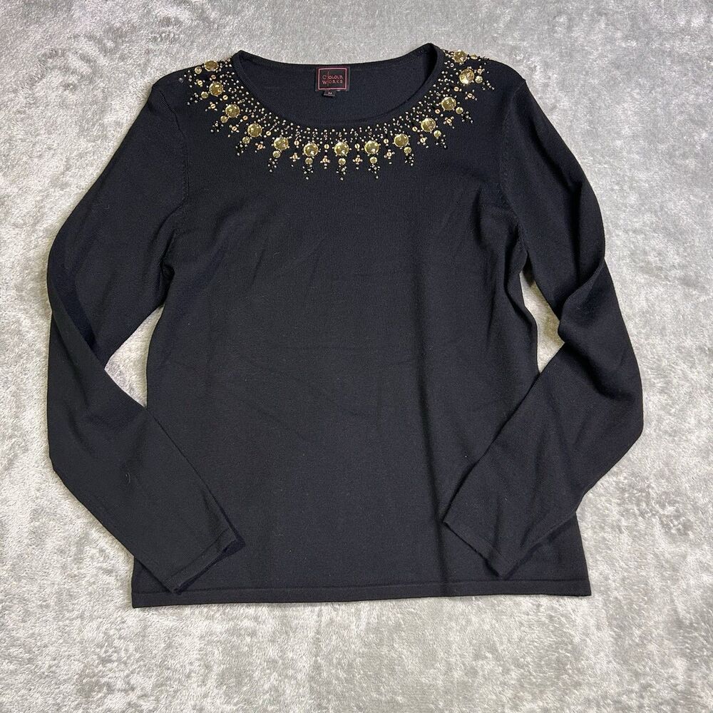 Colour Works Jeweled Rhinestone Shirt Womens Medium Black Viscose Long Sleeve